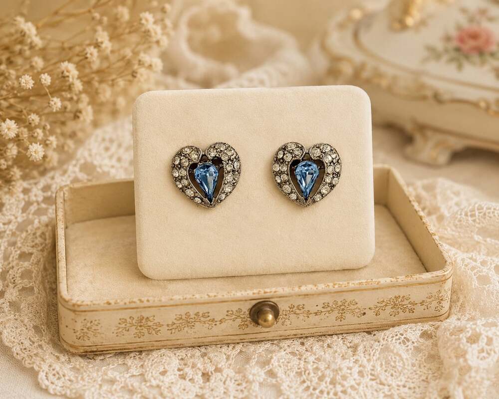 Vintage Bogoff Silver Tone Blue & Clear Rhinestone Heart Clip Earrings